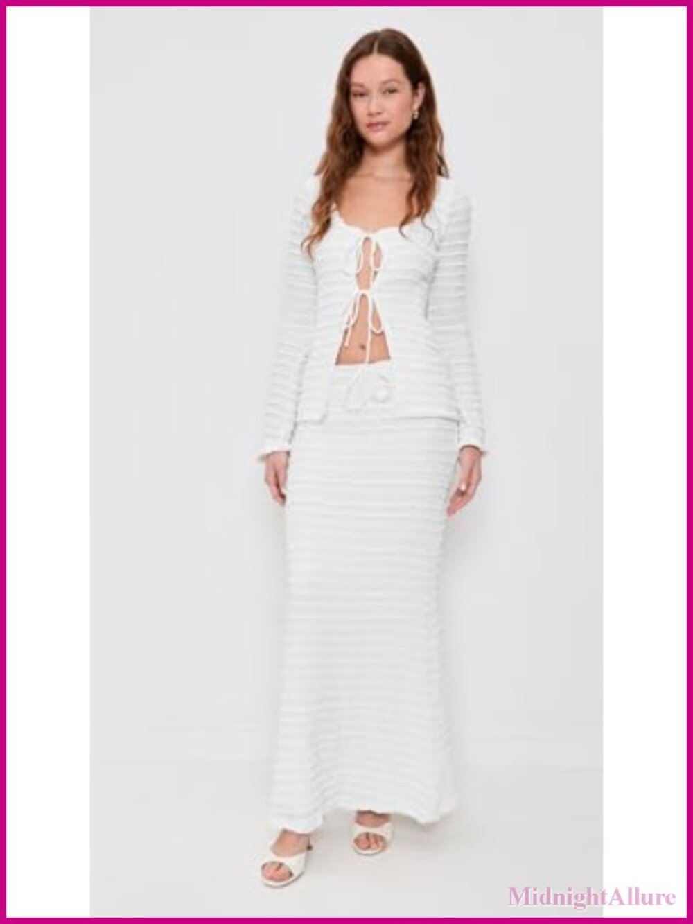 Ruffle Maxi Skirt High Rise Ruched Texture Knit Drawstring - Picture 4 of 5